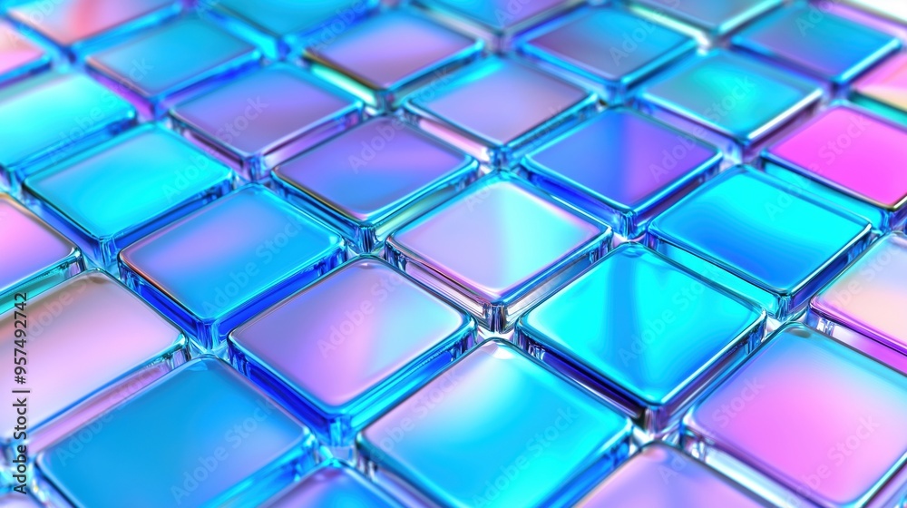 Shiny, iridescent glass tiles in vibrant blue and purple hues arranged in a grid, reflecting light. Futuristic science and technology concept. Shiny, iridescent glass tiles in vibrant blue and purple hues arranged in a grid, reflecting light. Futuristic science and technology concept.