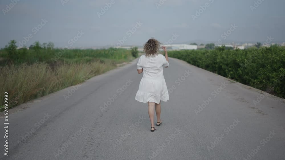 Young curly haired blonde Caucasian woman in short white dress walking with her back to camera on lonely suburban road Young curly haired blonde Caucasian woman in short white dress walking with her back to camera on lonely suburban road