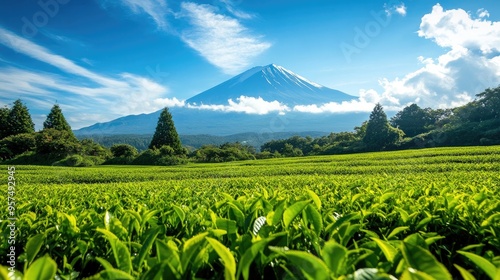 Mount Fuji viewed from a lush green tea plantation, highlighting the connection between agriculture and natural landmarks