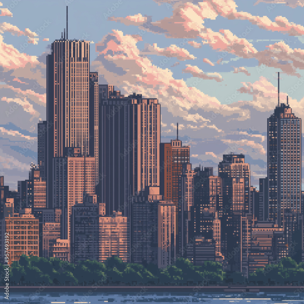 Fototapeta premium Pixel Art Cityscape at Sunset with Skyscrapers