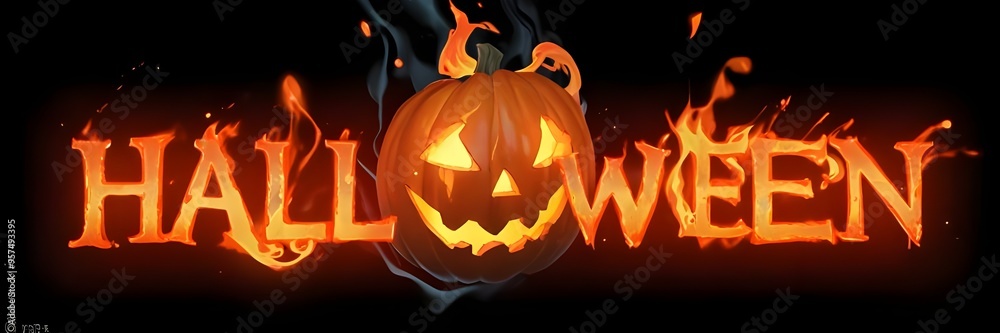 Fototapeta premium 3D Halloween text with fire letters, and creepy lantern jack-o face