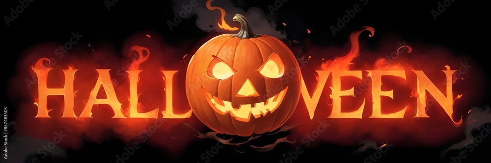 3D Halloween text with fire letters, and creepy lantern jack-o face