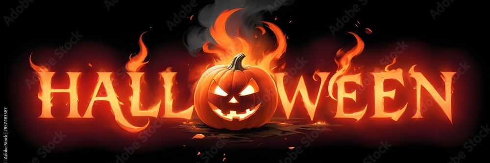 Fototapeta premium 3D Halloween text with fire letters, and creepy lantern jack-o face