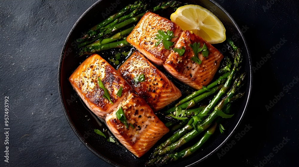 An elegant top-down photograph of pan-seared salmon fillets, accompanied by steamed asparagus and a lemon wedge. An elegant top-down photograph of pan-seared salmon fillets, accompanied by steamed asparagus and a lemon wedge.