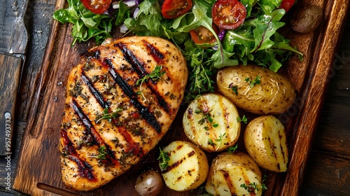 An appetizing top-down photograph of grilled chicken breast, accompanied by seasoned herbed potatoes and a fresh garden salad.