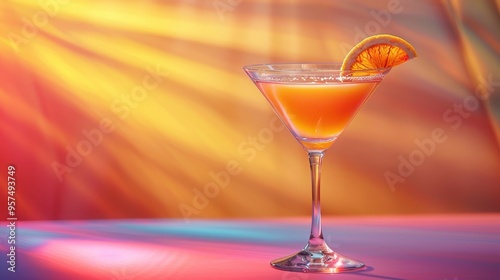 Refreshing martini cocktail with an orange garnish, glowing warmly against a colorful, ambient backdrop..