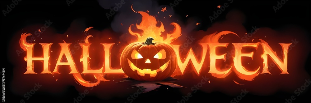 Fototapeta premium 3D Halloween text with fire letters, and creepy lantern jack-o face