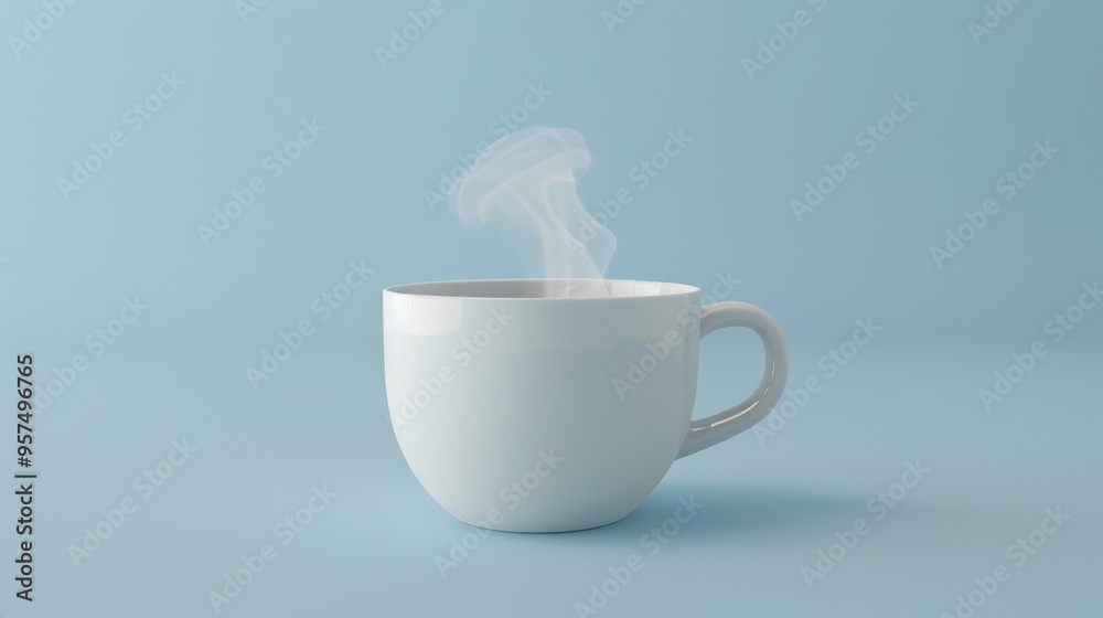 Minimalist White Coffee Cup with Steam Against a Light Blue Background - Perfect for Morning Coffee Themes Minimalist White Coffee Cup with Steam Against a Light Blue Background - Perfect for Morning Coffee Themes
