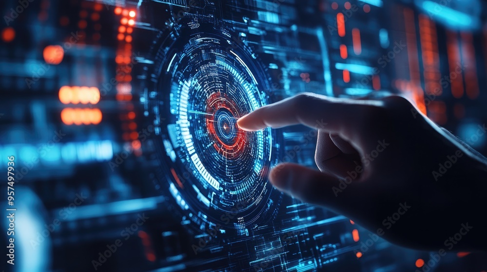 A close-up of a futuristic digital currency transaction using a biometric scanner, representing the future of finance A close-up of a futuristic digital currency transaction using a biometric scanner, representing the future of finance