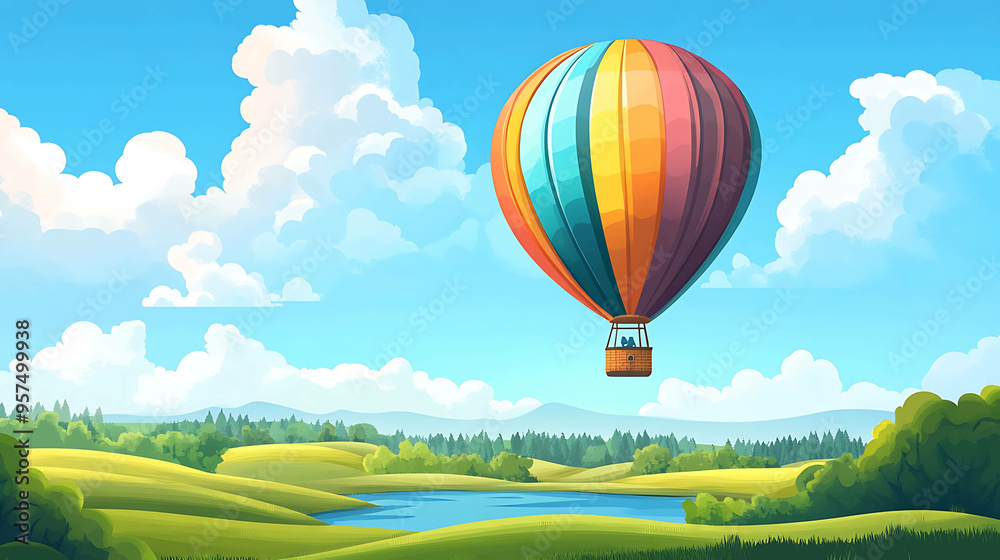 Obraz premium Colorful hot air balloon flying over a scenic landscape with a lake and green fields.
