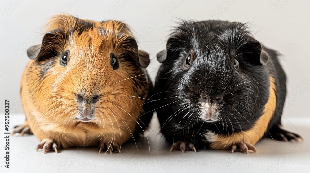 Adorable Pair of Guinea Pigs Sitting Side by Side on a White Background Adorable Pair of Guinea Pigs Sitting Side by Side on a White Background