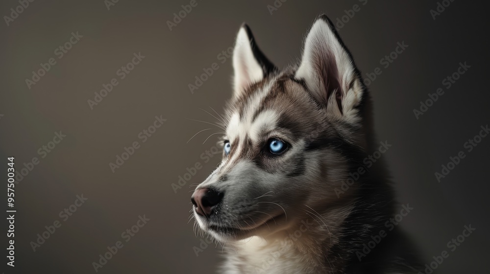 Close-up Portrait of a Siberian Husky with Striking Blue Eyes Against a Dark Background