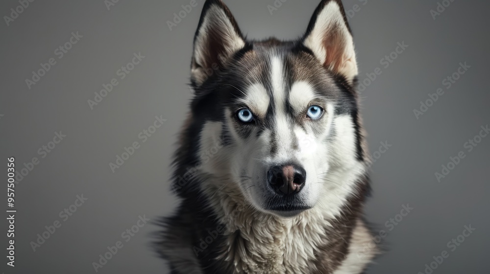 Close-Up Portrait of a Siberian Husky with Striking Blue Eyes Against a Neutral Background Close-Up Portrait of a Siberian Husky with Striking Blue Eyes Against a Neutral Background