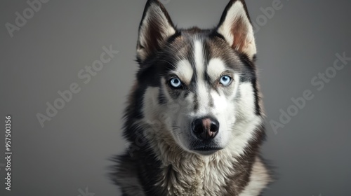 Close-Up Portrait of a Siberian Husky with Striking Blue Eyes Against a Neutral Background