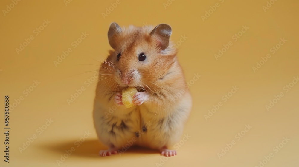 Adorable Hamster Eating Snack on Yellow Background - Cute Pet Rodent Close-Up Adorable Hamster Eating Snack on Yellow Background - Cute Pet Rodent Close-Up