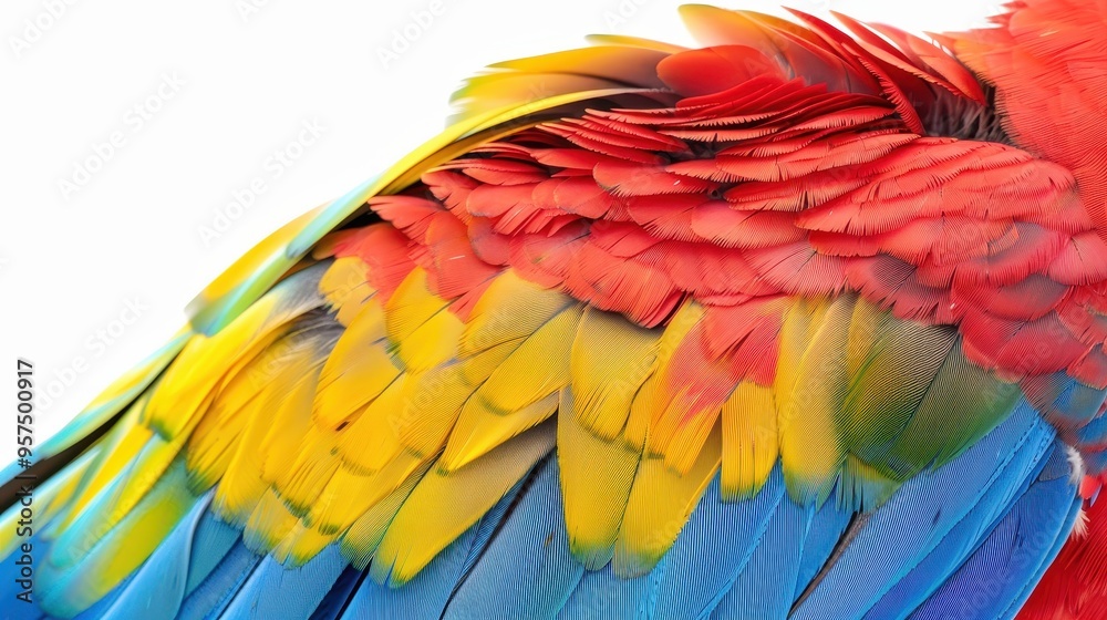 Fototapeta premium Close-Up of Vibrant Multicolored Parrot Feathers on White Background