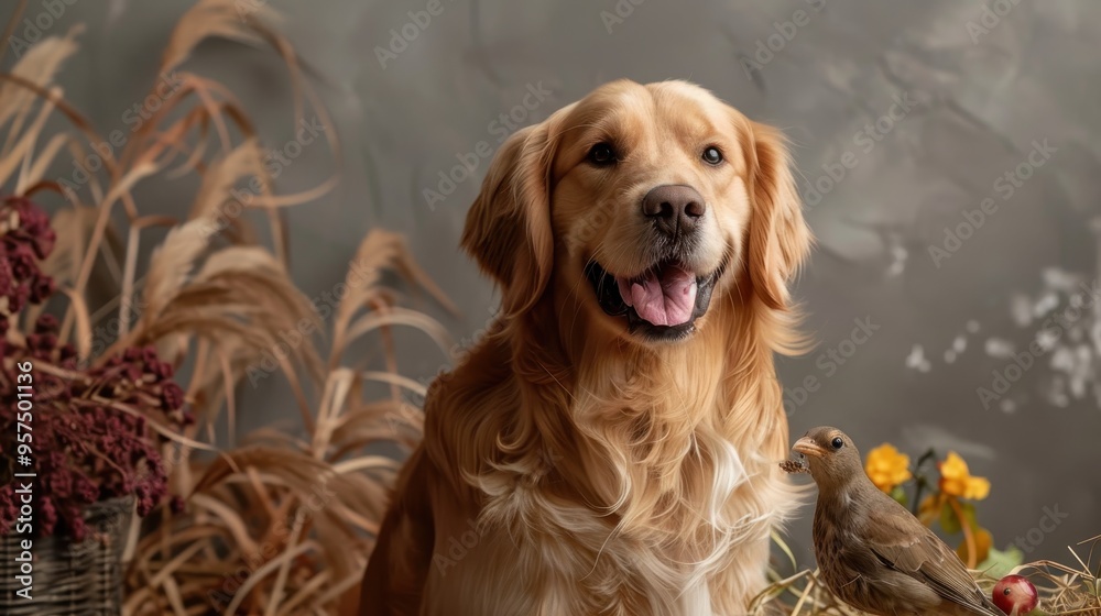 Obraz premium Golden Retriever Dog Sitting in Rustic Autumn Setting with Bird and Dried Plants