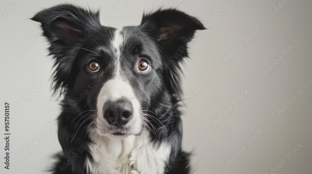 Close-Up Portrait of a Black and White Border Collie with Alert Expression Against Neutral Background Close-Up Portrait of a Black and White Border Collie with Alert Expression Against Neutral Background