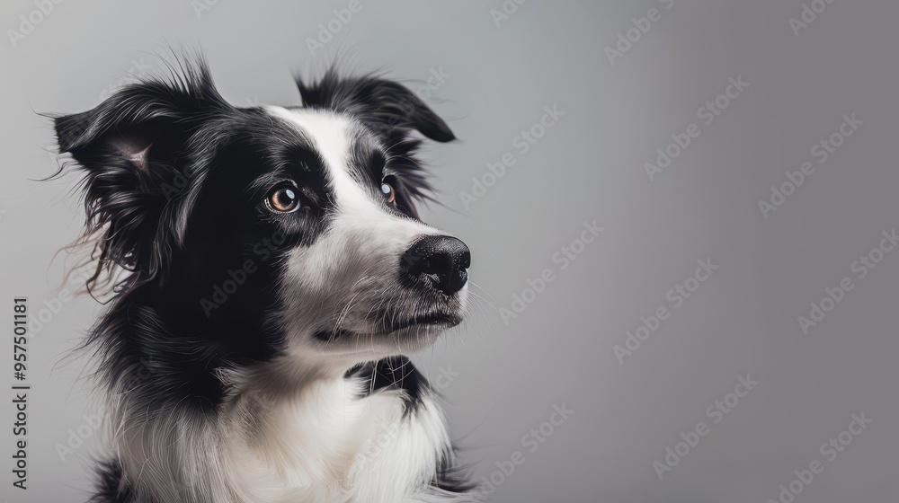 Close-Up Portrait of a Black and White Border Collie Dog with Alert Expression Against a Grey Background Close-Up Portrait of a Black and White Border Collie Dog with Alert Expression Against a Grey Background