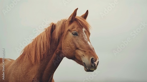 Majestic Brown Horse with Flowing Mane Standing Against a Soft Sky Background