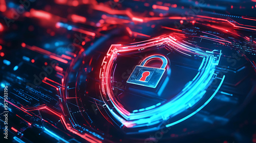 Cybersecurity concept with a glowing padlock inside a digital shield.