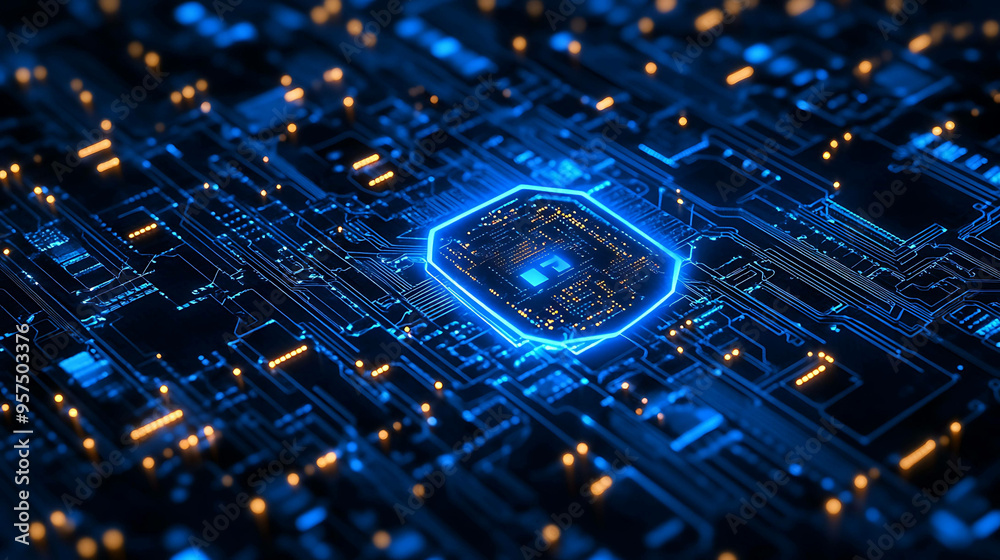 Abstract digital illustration of a glowing blue circuit board with a central processor. Abstract digital illustration of a glowing blue circuit board with a central processor.