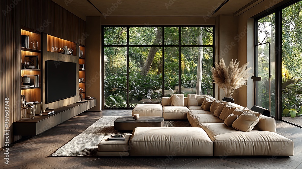 Fototapeta premium Modern living room with wooden accents and large windows. 3D Rendering 