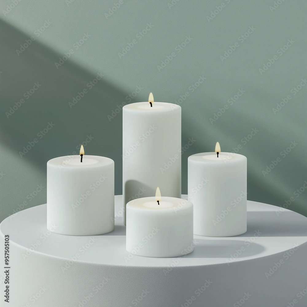 Four White Candles Burning Flames Fire Blank Mockup Business Company Unbranded No Label