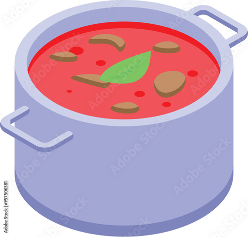 Tomato soup with herbs and spices cooking in a metal pot with handles