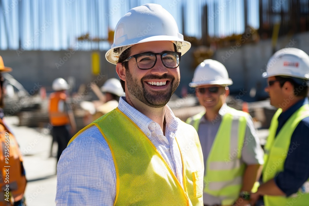 Portrait of a smiling engineer surrounded by a diverse team on an active construction site Portrait of a smiling engineer surrounded by a diverse team on an active construction site