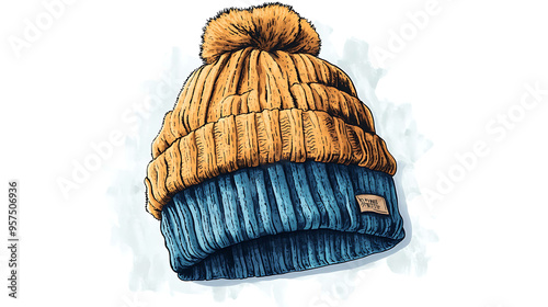 Hand-drawn illustration of a blue and yellow knitted beanie hat with a pom-pom.