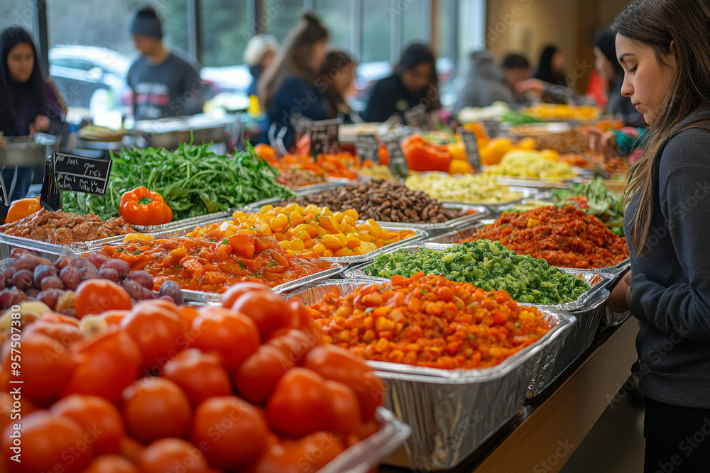 A woman is looking at a table full of food A woman is looking at a table full of food