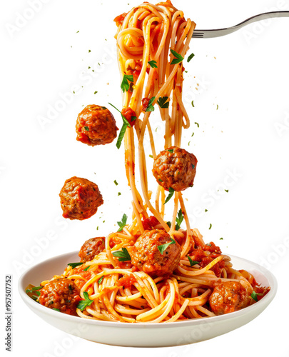 Delicious spaghetti with meatballs served in a white bowl isolated on transparent background