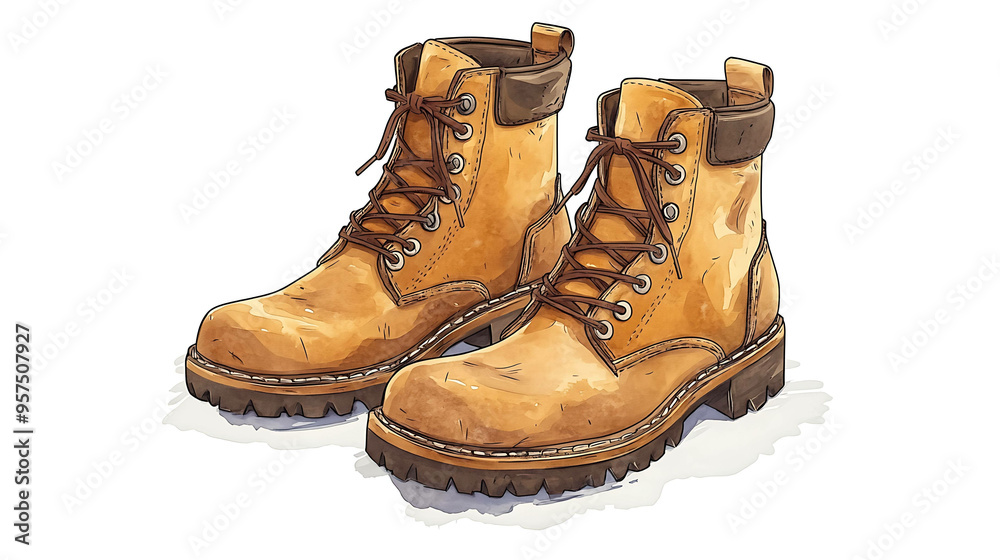 A pair of brown work boots with laces. A pair of brown work boots with laces.