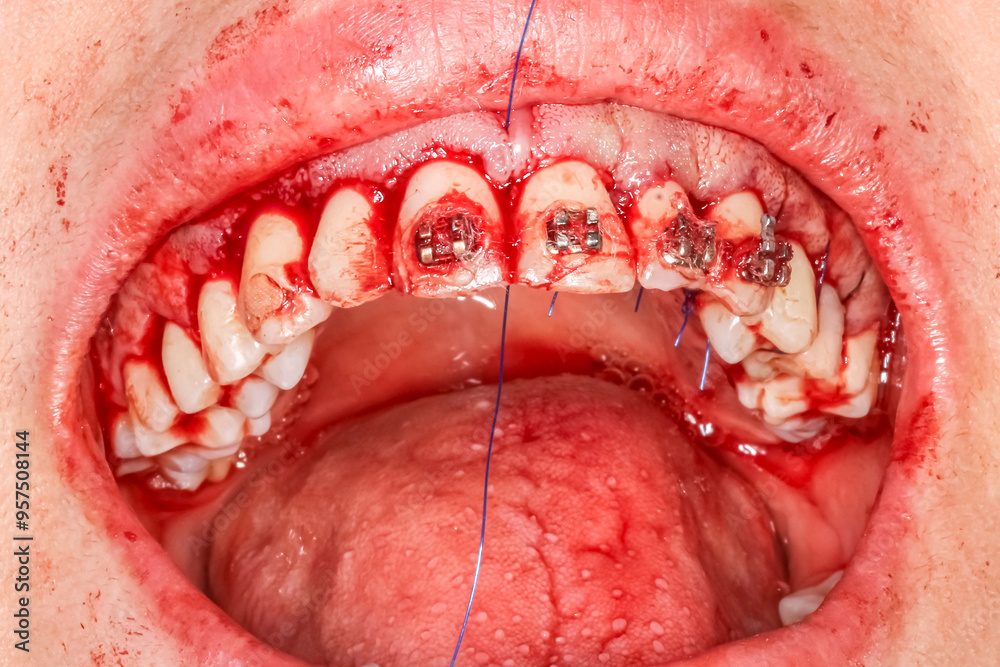 Obraz premium Gummy smile correction surgical clinical case. Third surgery step: gum suturing after bone defect correction and gingival repositioning with the right alignment in upper position.