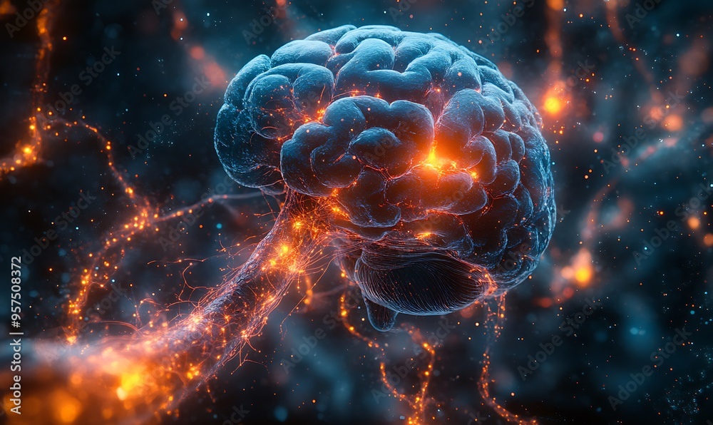 Fototapeta premium Human brain stimulation or activity with neuron close-up 3D rendering illustration. Neurology, cognition, neuronal network, psychology, neuroscience scientific concepts design 
