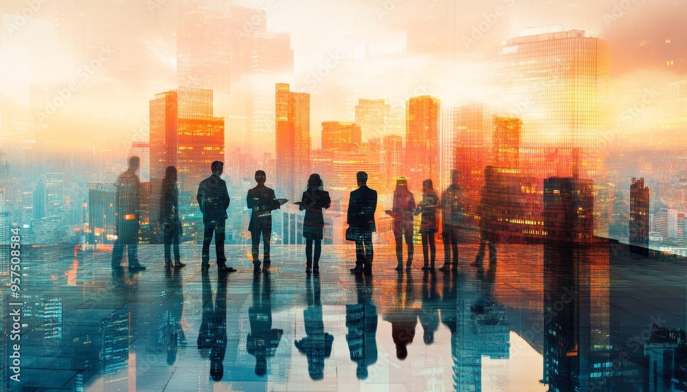 Double exposure of business professionals collaborating with cityscape background for team success Double exposure of business professionals collaborating with cityscape background for team success