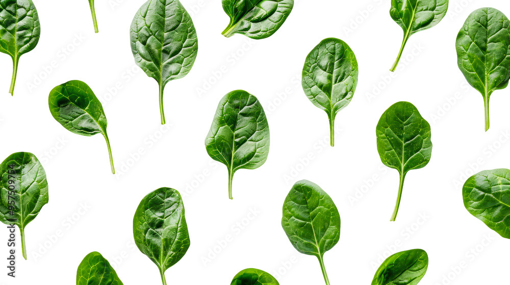Fresh spinach leaves arranged isolated on transparent background