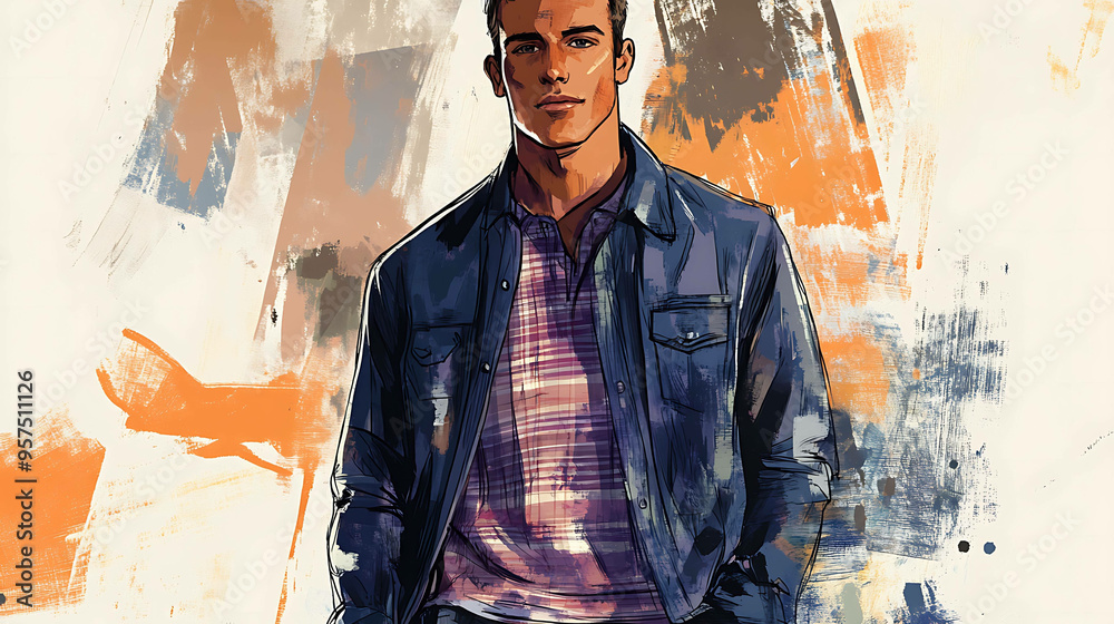 Obraz premium A stylish man in a denim jacket and striped shirt in front of an abstract paint splatter background.