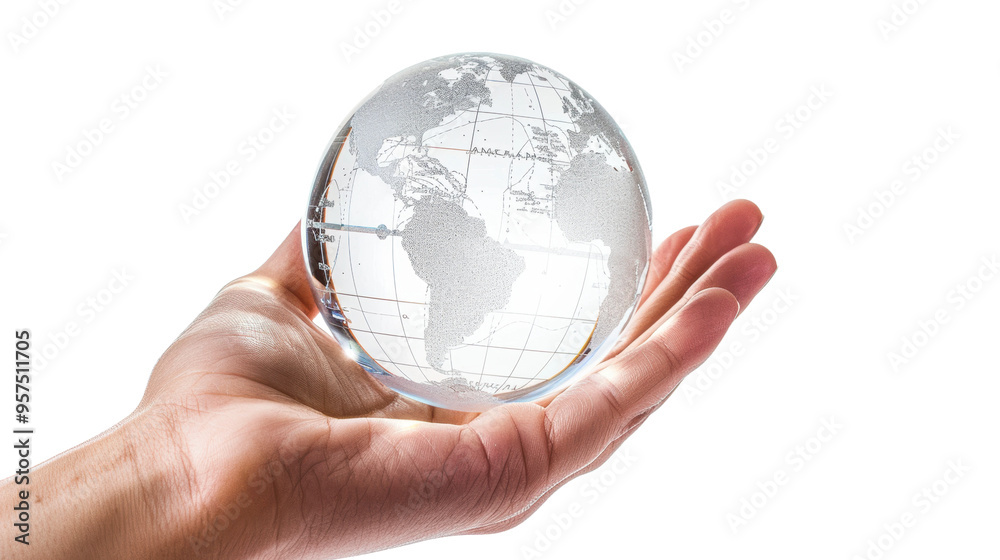 Hand holding a clear globe showing continents and grid lines isolated on transparent background Hand holding a clear globe showing continents and grid lines isolated on transparent background