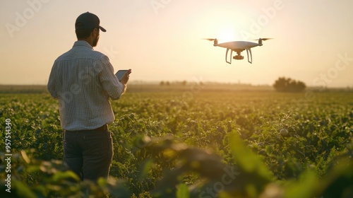 Farmer and flying drone over a vast, sunlit field at midday. A modern approach to farming and crop management.