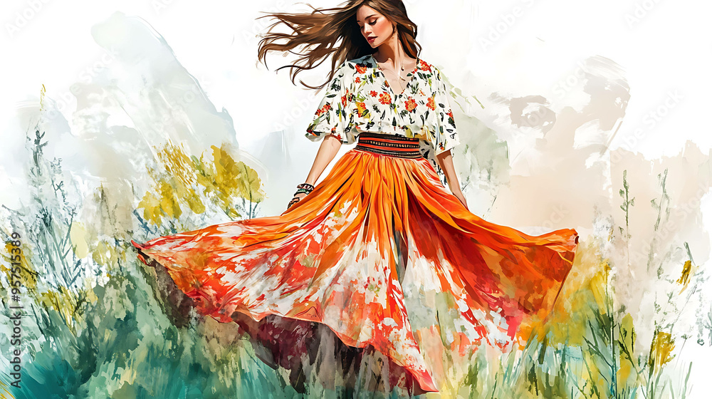 Fototapeta premium A watercolor illustration of a woman with long brown hair wearing a floral blouse and long orange skirt with flowers, standing in a field.