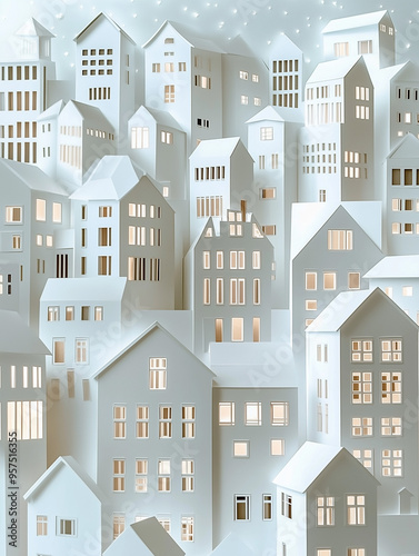 A 3D paper-cut scene of a cityscape, buildings rising in layers, each carefully cut and placed to create depth, set against a white background