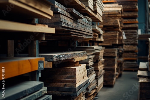 Close up photography of stacked wood planks in a warehouse setting with shelving display