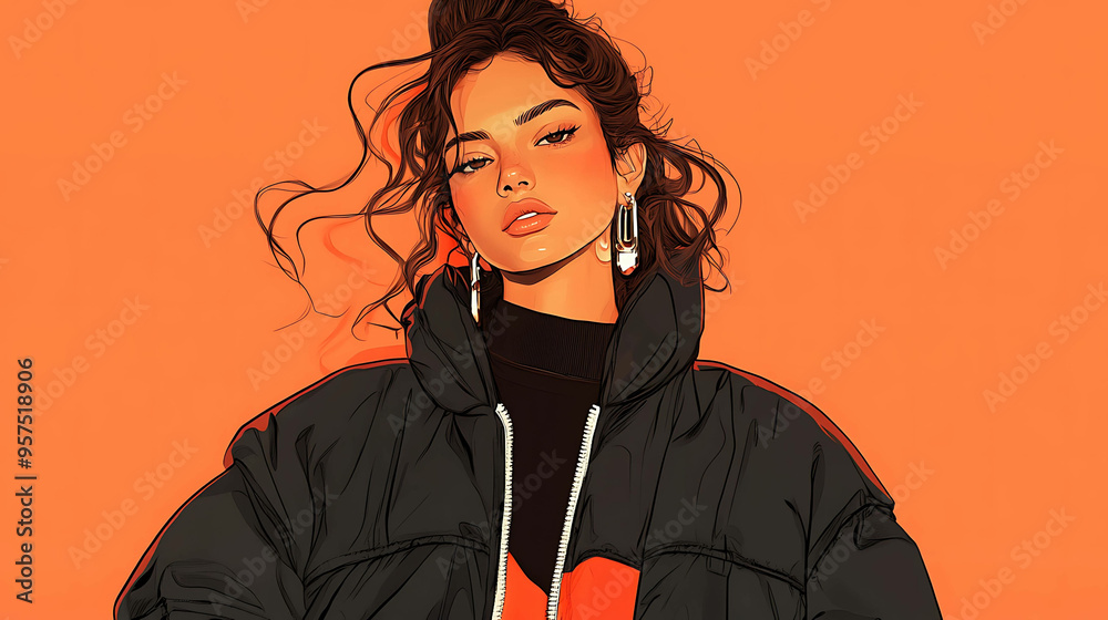 A digital illustration of a woman with long wavy hair wearing a black jacket. A digital illustration of a woman with long wavy hair wearing a black jacket.