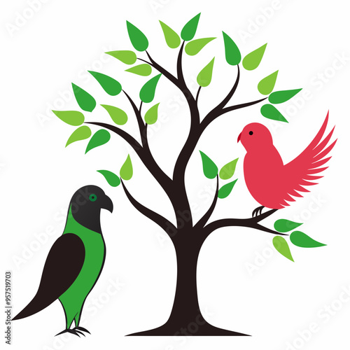 Lovebird Silhouette with Tree art Vector Illustration