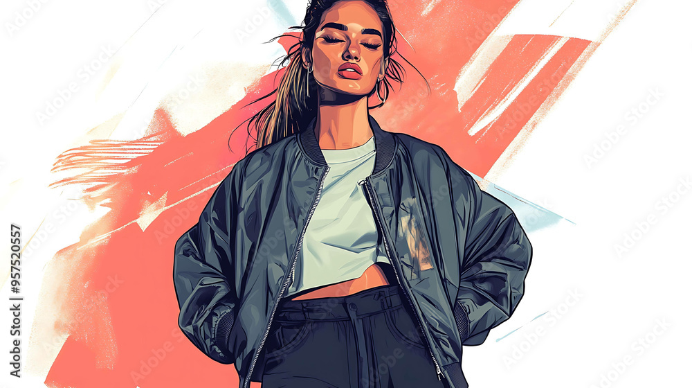 Fototapeta premium A woman with her eyes closed wearing a black bomber jacket.