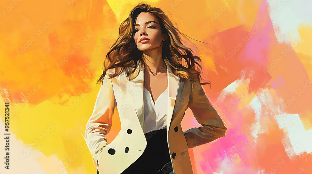 A woman in a white blazer and long brown hair stands against a colorful background. A woman in a white blazer and long brown hair stands against a colorful background.