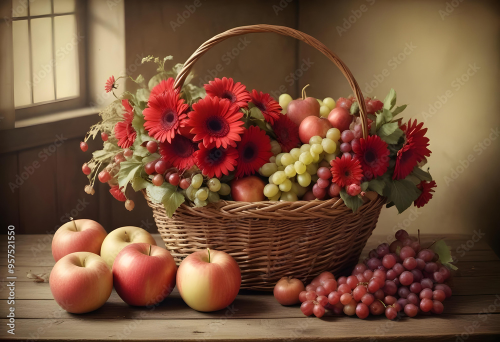 Autumn still life with apples and flowers in basket