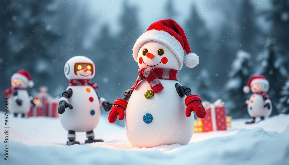 Cute snowman, wearing a red Santa hat and a striped scarf. The snowman has a cheerful face with sparkling eyes and a carrot-shaped nose. In the background, there is a Christmas tree decorated. robots Cute snowman, wearing a red Santa hat and a striped scarf. The snowman has a cheerful face with sparkling eyes and a carrot-shaped nose. In the background, there is a Christmas tree decorated. robots
